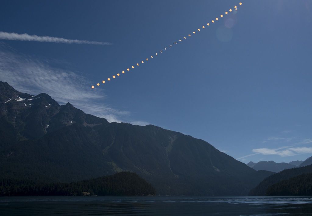 Composição Da Progressão De Um Eclipse Solar Sobre O Lago Ross, Nos Estados Unidos, Em 2017