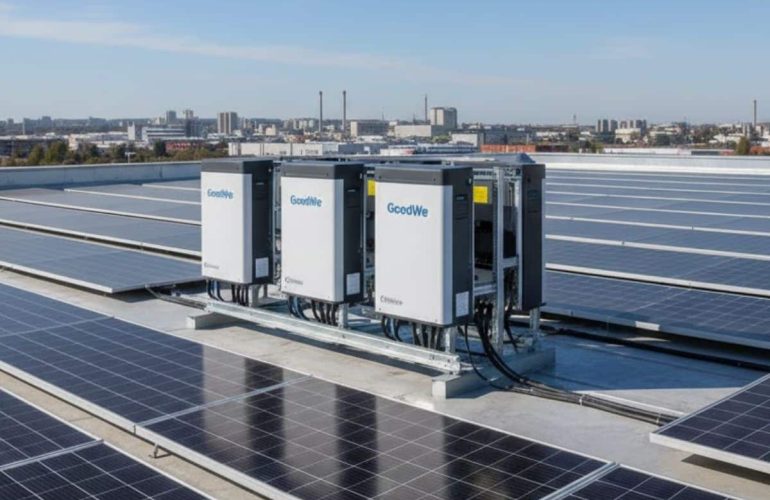Inversores Híbridos Goodwe Série Et De 100 Kw Instalados Numa Cobertura Industrial Com Painéis Solares Fotovoltaicos